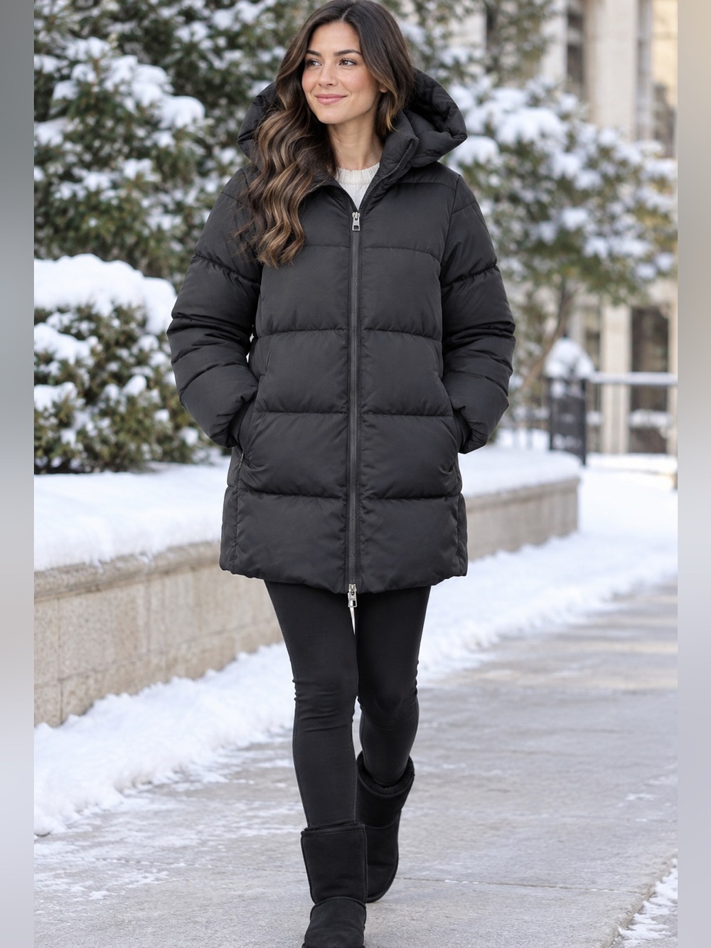 MNG Black Hooded Mid-Length Puffer Coat Women’s XS Water-Resistant